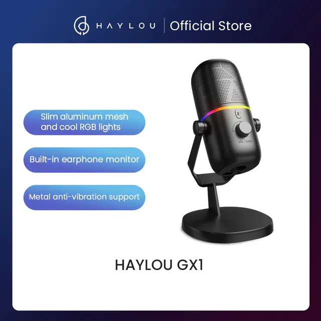 HAYLOU GX1 Microphone for Gaming Streaming Recording with RGB Lights 25mm Condenser Microphone Cardioid Mic