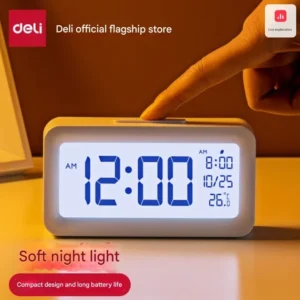Deli LE103-WH Electronic Digital Alarm Clock with Smart Backlight (White)